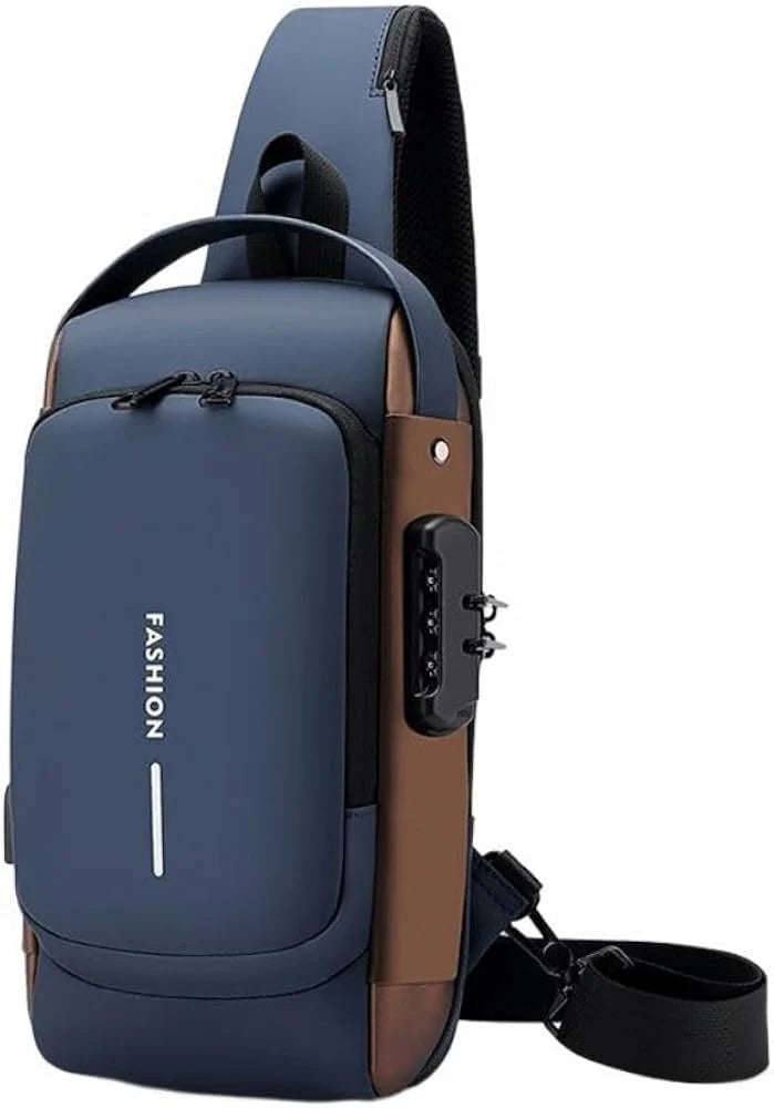 Blue & Brown | Anti-Theft USB Charging Shoulder Bag